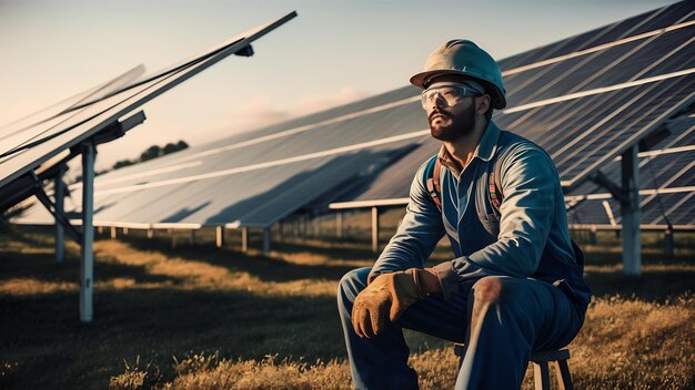 Un ouvrier dans le champ près des panneaux solaires