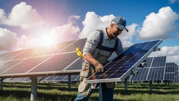 Un ouvrier dans le champ près des panneaux solaires