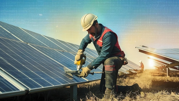 Un ouvrier dans le champ près des panneaux solaires