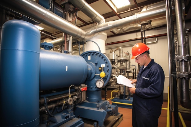 Un ouvrier dans une usine avec un réservoir bleu et une pancarte indiquant « ingénieur ».