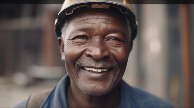 Un ouvrier du bâtiment africain senior souriant debout sur un chantier de construction