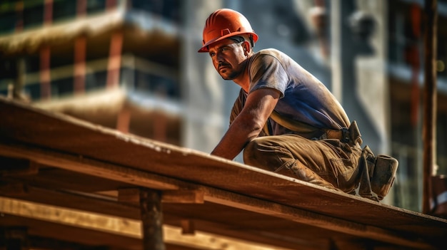 Un ouvrier du bâtiment sur un chantier de construction