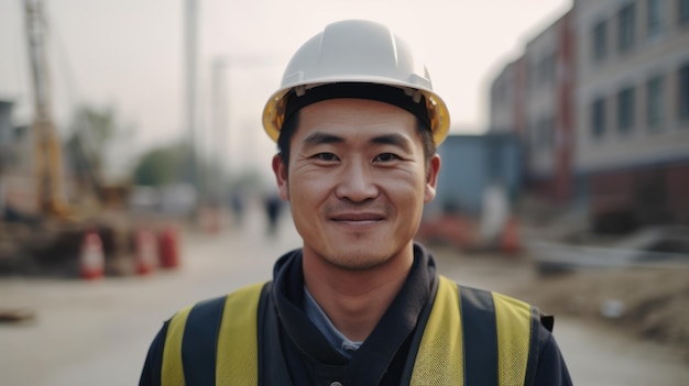 Un ouvrier du bâtiment chinois souriant debout sur un chantier de construction