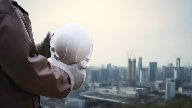 Un ouvrier du bâtiment dans un casque blanc regarde un horizon de la ville