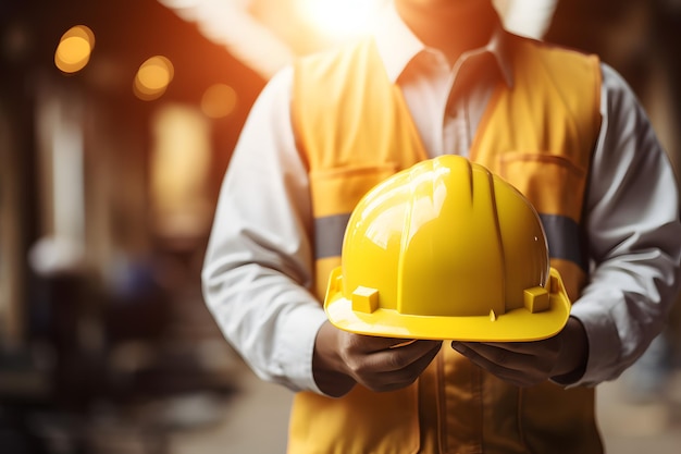 Ouvrier du bâtiment hautement qualifié protégeant avec un casque dans un entrepôt AI générative