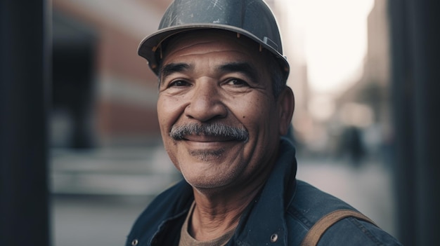 Un ouvrier du bâtiment hispanique senior souriant debout sur un chantier de construction