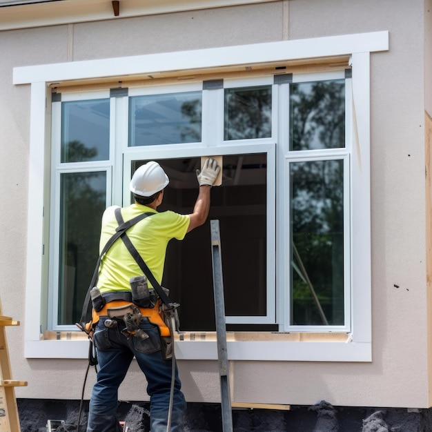 Un ouvrier du bâtiment installe une fenêtre sur une rénovation de maison