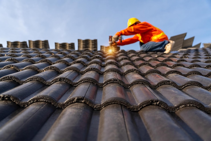 Photo un ouvrier du bâtiment installe un nouveau toit perceuse électrique utilisée sur de nouveaux toits avec des tuiles en béton outils de toiture mise au point sélective des tuiles en béton