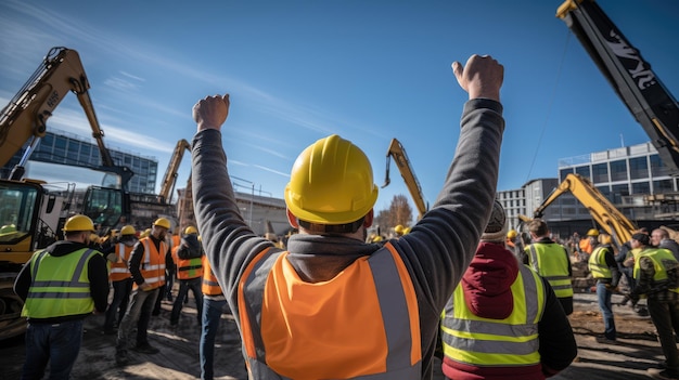 Un ouvrier du bâtiment lève la main sur la fête du travail