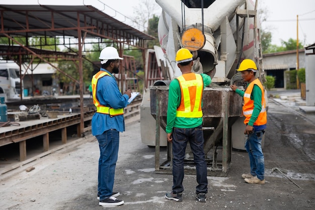 Ouvrier du bâtiment maçon travaillant sur site avec des constructeurs asiatiques d'ingénieur civil travaillant à couler du béton dans un moule à partir d'un camion malaxeur Fabrication d'usine de murs en béton préfabriqués