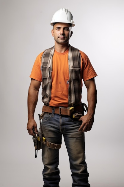 Un ouvrier du bâtiment portant un casque et une ceinture d'outils
