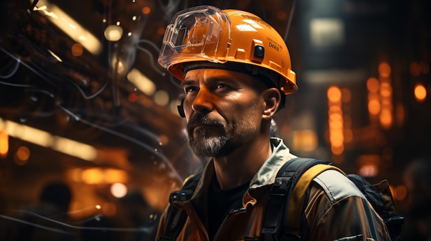 Ouvrier du bâtiment portant un casque orange Concept de développement BIM et concept de jumeau numérique