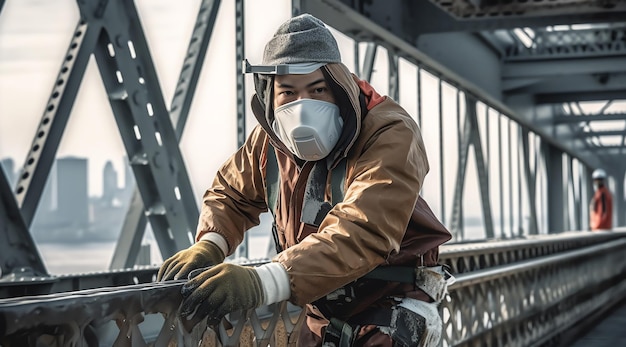 Un ouvrier du bâtiment portant un masque facial et un chapeau