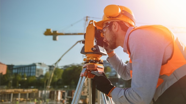 Un ouvrier du bâtiment regardant à travers un télescope