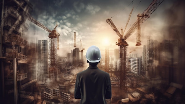 Un ouvrier du bâtiment regarde un chantier de construction