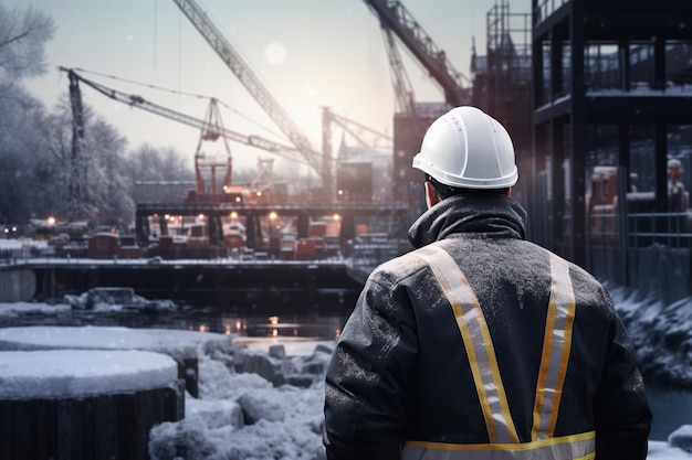 Un ouvrier du bâtiment regarde une grue sur la neige