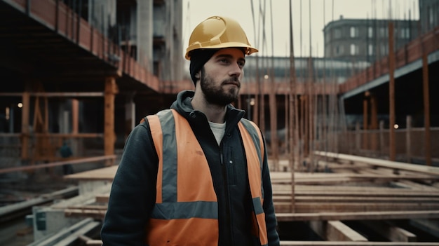 Un ouvrier du bâtiment se tient devant un immeuble en construction.