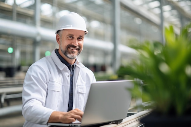 Ouvrier du bâtiment travaillant sur son ordinateur portable dans une usine