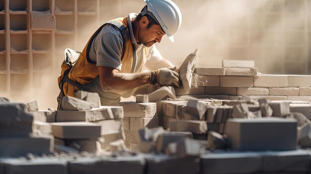 un ouvrier du bâtiment travaille à la construction d'une barrière de briques dans le style des matériaux vivants