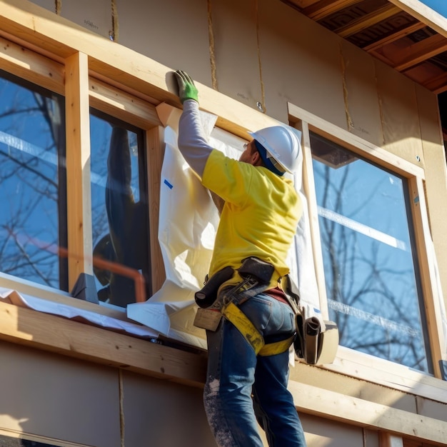 Un ouvrier du bâtiment travaille sur une maison en construction