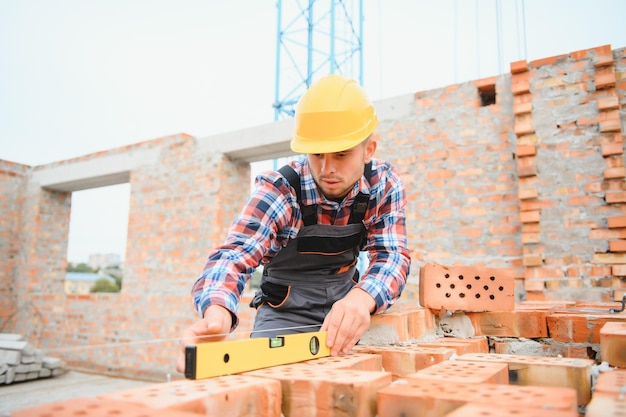 Ouvrier du bâtiment en uniforme et équipement de sécurité a un travail sur le bâtiment