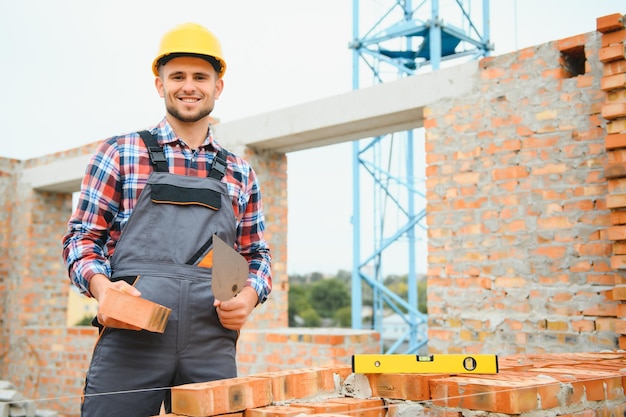 Ouvrier du bâtiment en uniforme et équipement de sécurité a un travail sur le bâtiment