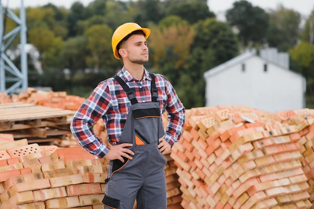 Ouvrier du bâtiment en uniforme et équipement de sécurité a un travail sur le thème industriel de la construction