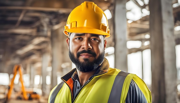 Un ouvrier du développement portant un casque jaune pour le bien-être sur le chantier de construction