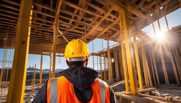 Un ouvrier du développement portant un casque jaune pour le bien-être sur le chantier de construction