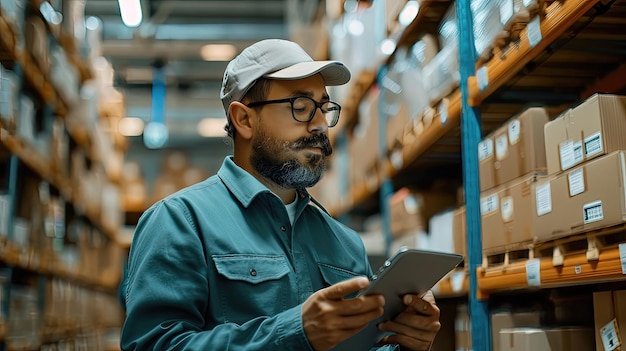 Un ouvrier d'entrepôt barbu avec des lunettes vérifiant un appareil portable