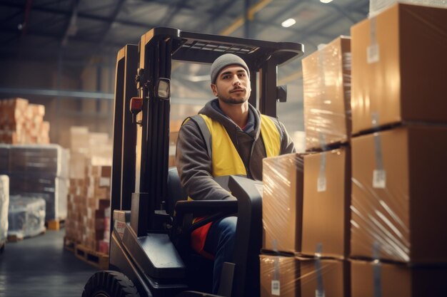 un ouvrier d'entrepôt masculin dans un gilet est assis dans un chariot élévateur sur le fond d'un entrepôt