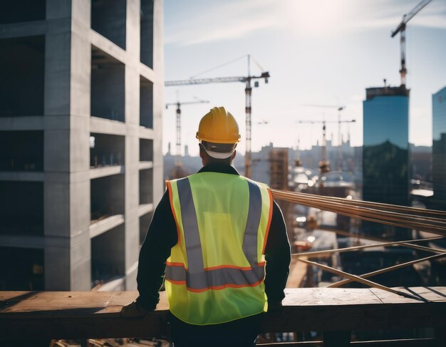Ouvrier d'entrepreneur en construction debout en hauteur, regardant la ville en construction