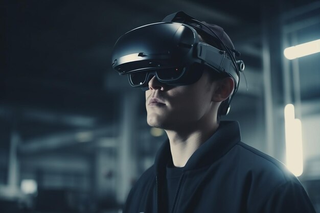 Un ouvrier de fabrication avancée portant un casque VR en 2030, debout dans l'usine, travaillant