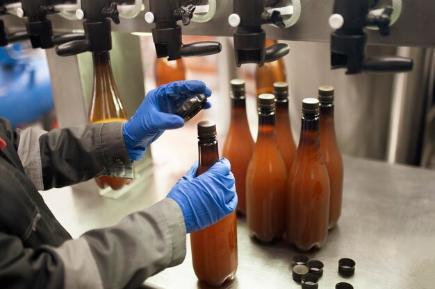 Un ouvrier de fabrication installe un nouveau bouchon de bouteille en plastique