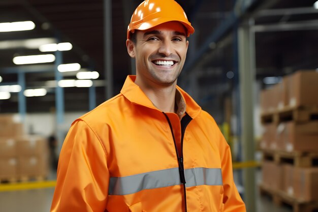 ouvrier de fabrication ultra-réaliste souriant dans une robe de travail orange