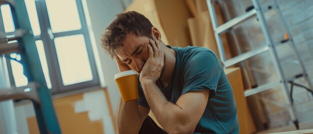 L'ouvrier fatigué trouve du réconfort dans une tasse de café