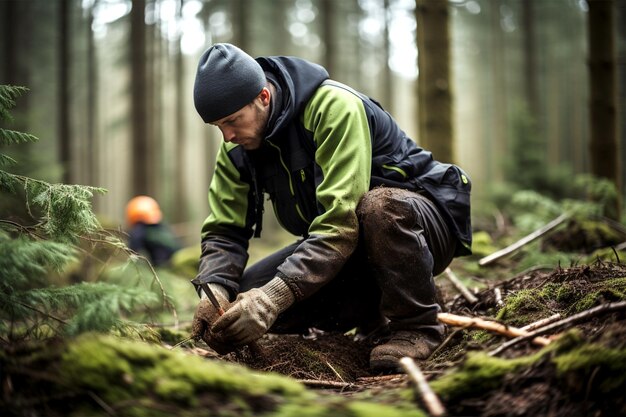 Un ouvrier forestier inspecte la forêt et la nouvelle croissance