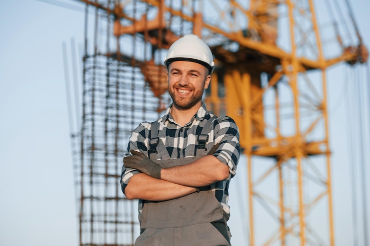 Photo un ouvrier heureux se tient sur le chantier pendant la journée