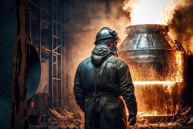 Un ouvrier de l'industrie de l'aluminium se tient près d'un grand four de fusion de fer dans un atelier