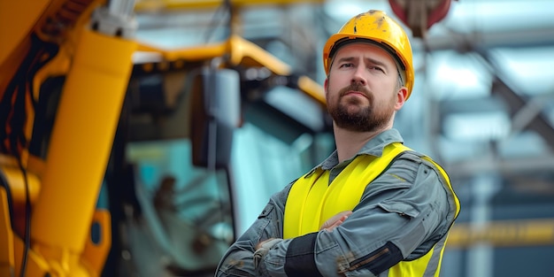 Un ouvrier industriel confiant sur un chantier de construction, un homme avec un casque de sécurité, un professionnel au travail, regardant une IA déterminée.