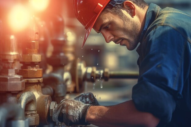 Ouvrier industriel masculin avec valve de fixation de casque de conduite d'eau avec IA générative