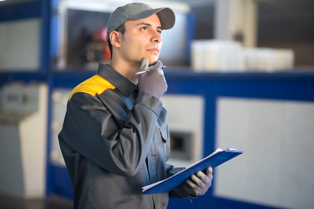 Ouvrier industriel pensif avec un document