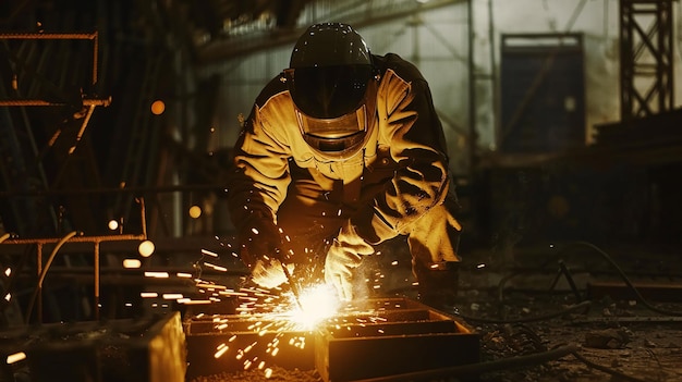 Un ouvrier industriel soude du fer dans une usine. Il portait des vêtements de protection.