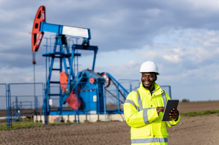Ouvrier industriel en vêtements de travail protecteurs debout devant la plate-forme pétrolière et tenant une tablette