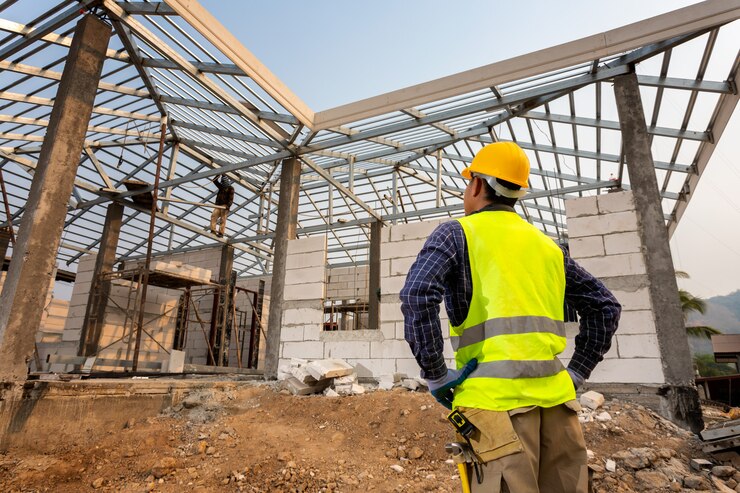 Ouvrier ingénieur en construction, ingénieur civil vérifiant les travaux sur le chantier, concept de construction de maison.