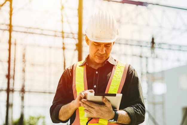 Ouvrier ingénieur contremaître à l'aide d'un ordinateur tablette pour vérifier le plan d'étage du bâtiment sur le chantier de construction.