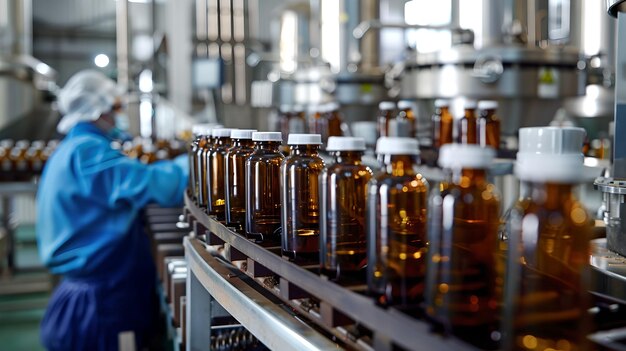 Un ouvrier inspecte des bouteilles sur une ligne de production dans un environnement d'usine moderne Processus d'emballage pharmaceutique industriel Contrôle de qualité professionnel AI