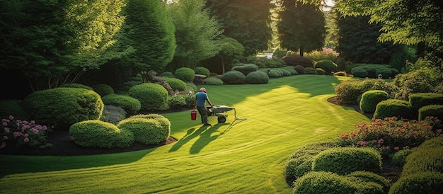 Ouvrier de jardin résidentiel taillant la pelouse d'arrière-cour