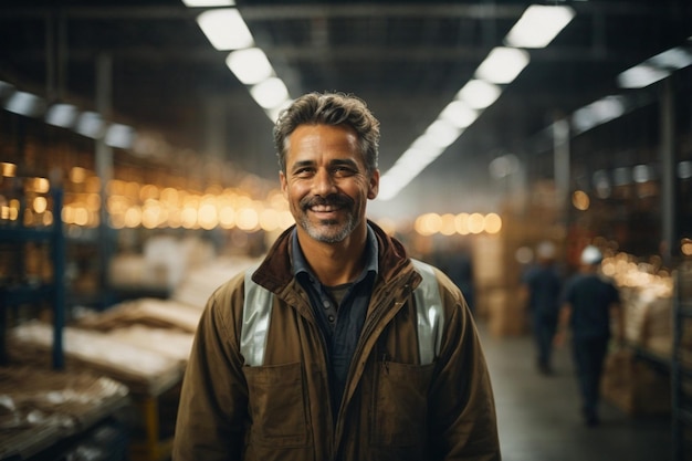 Un ouvrier joyeux dans un entrepôt entouré du bruit des machines et de l'odeur de l'industrie