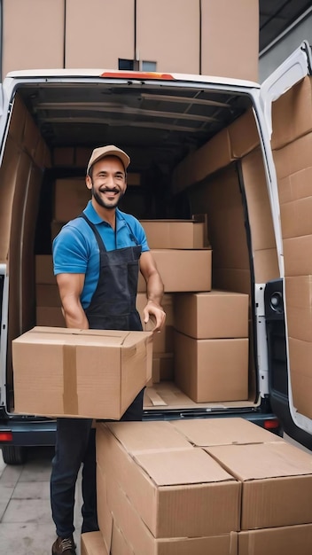 Un ouvrier manuel heureux coopère en transportant des boîtes de carton dans un fourgon de livraison